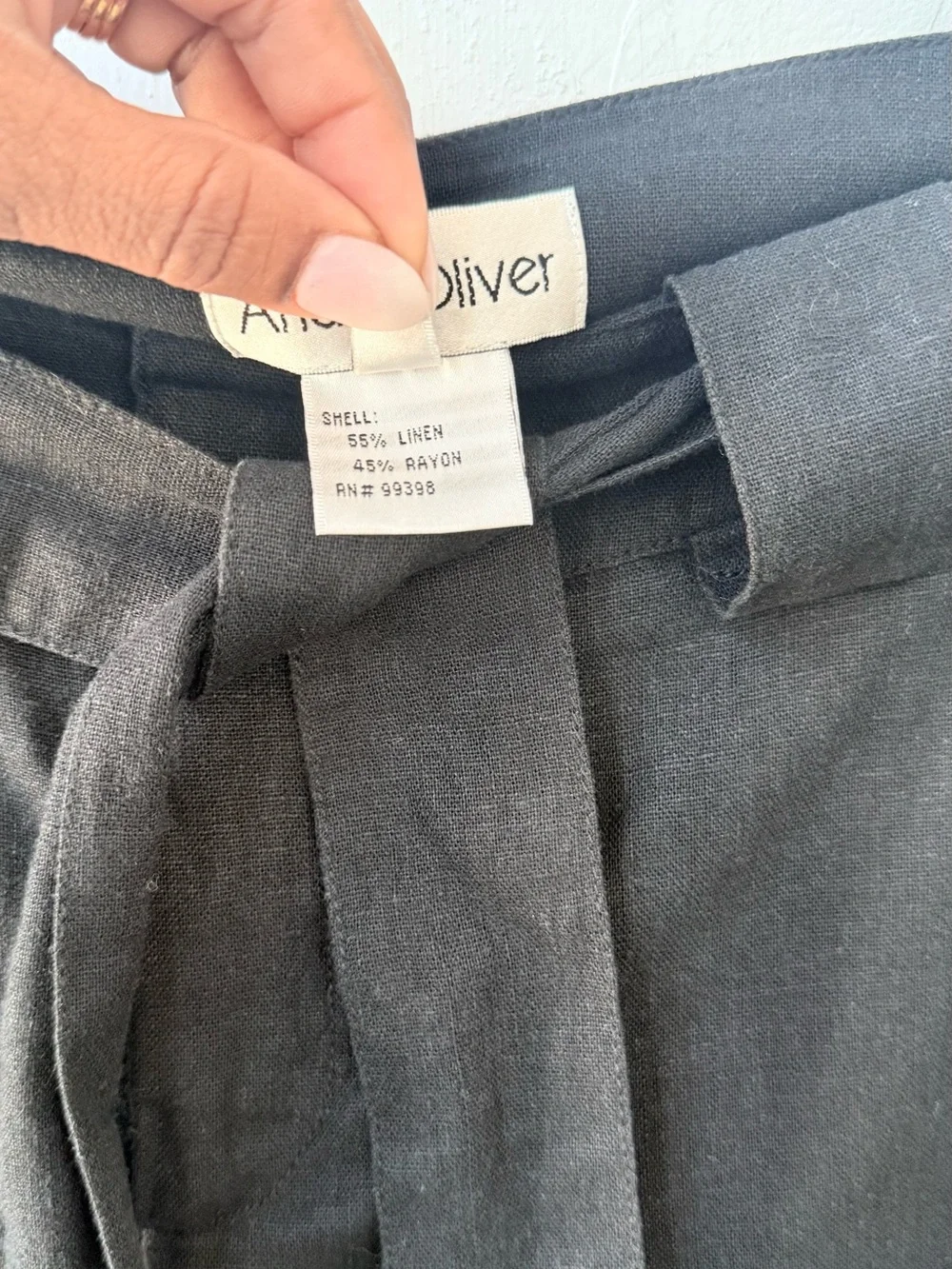 Andre Oliver Linen Blend Black Wide Leg Belted Knee Length Shorts